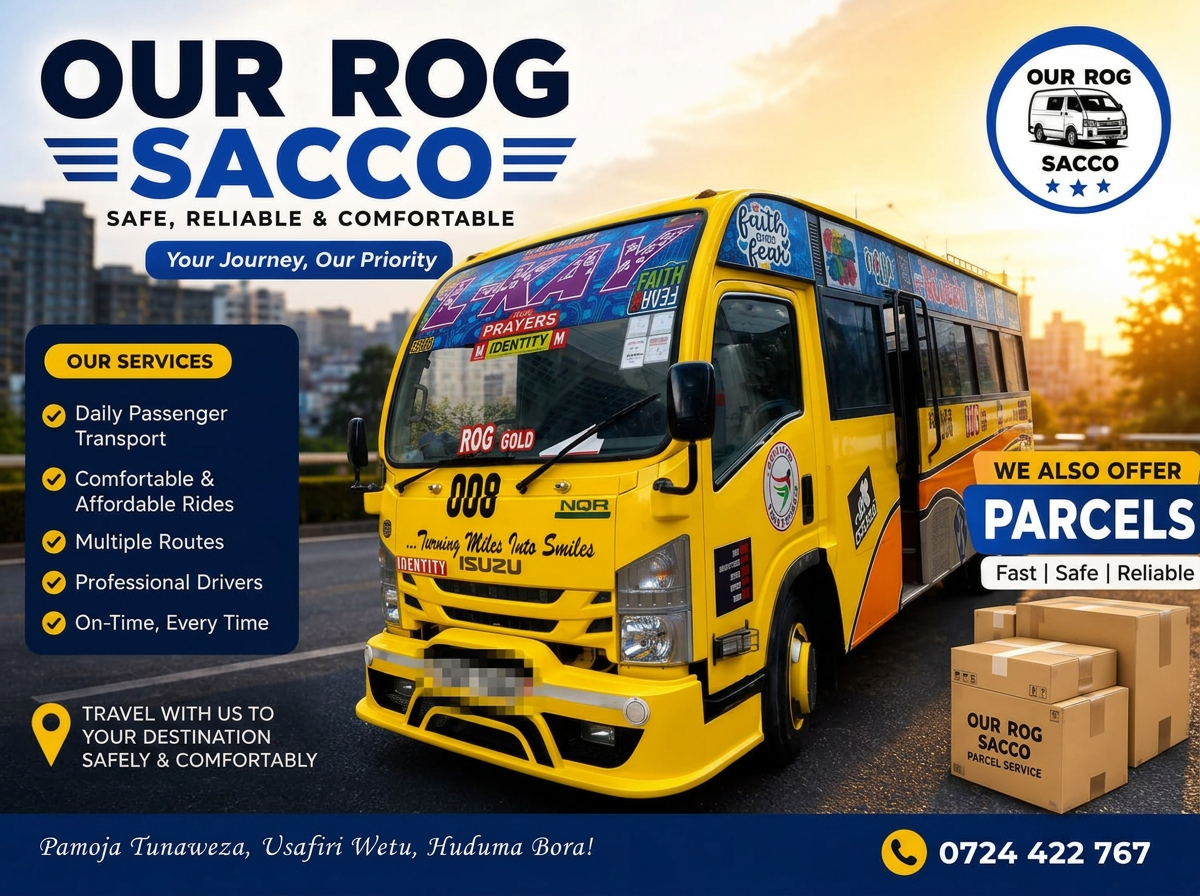 ROG Travellers SACCO bus with services and parcel information